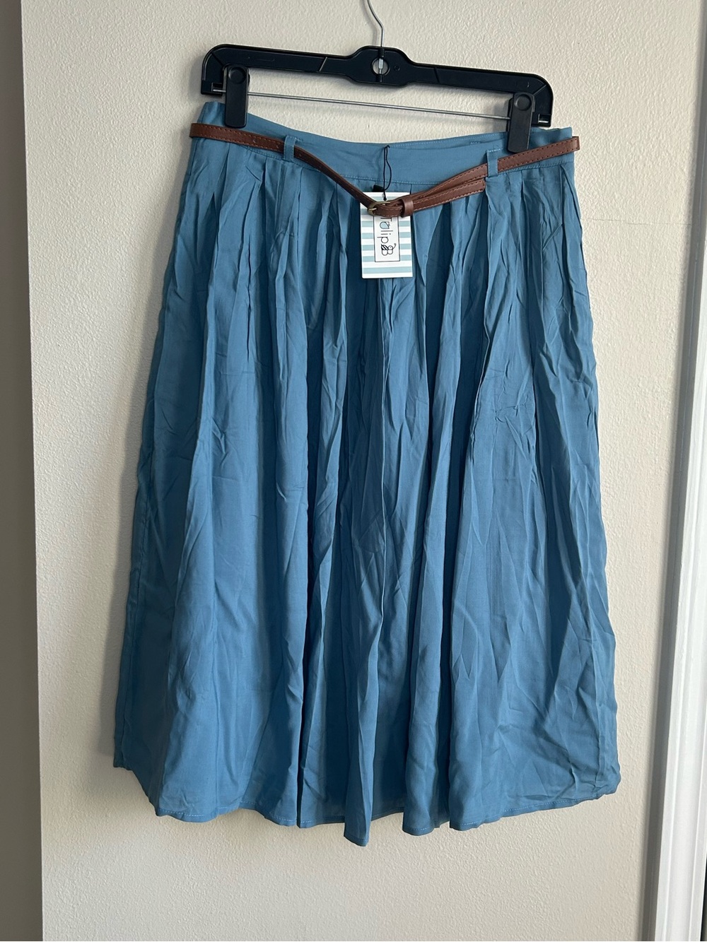 NWT Tulip B Blue Midi Maxi Lined Pockets Full Skirt with Brown Belt Size L